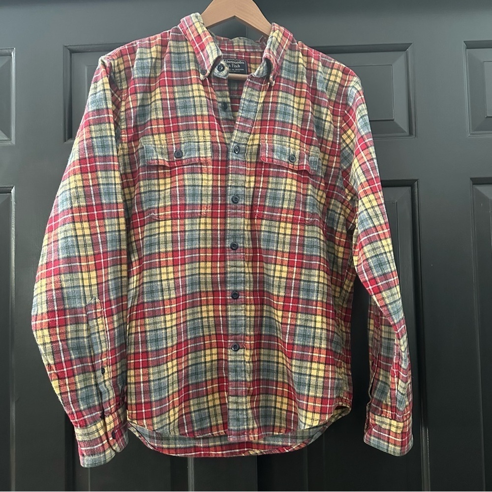 Abercrombie & Fitch Shirt Men's L Red Plaid Flannel  Long Sleeve Button Up(b5
